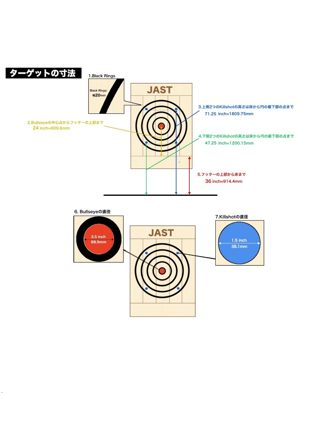 JAST ターゲットの寸法（Black Rings 幅 / Bullseye・Killshot 直径 / 上下Killshot 床高）